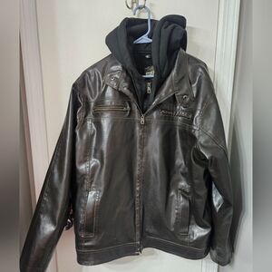 Men's Brown Vegan Faux Leather Jacket With Removable Black Hood xl